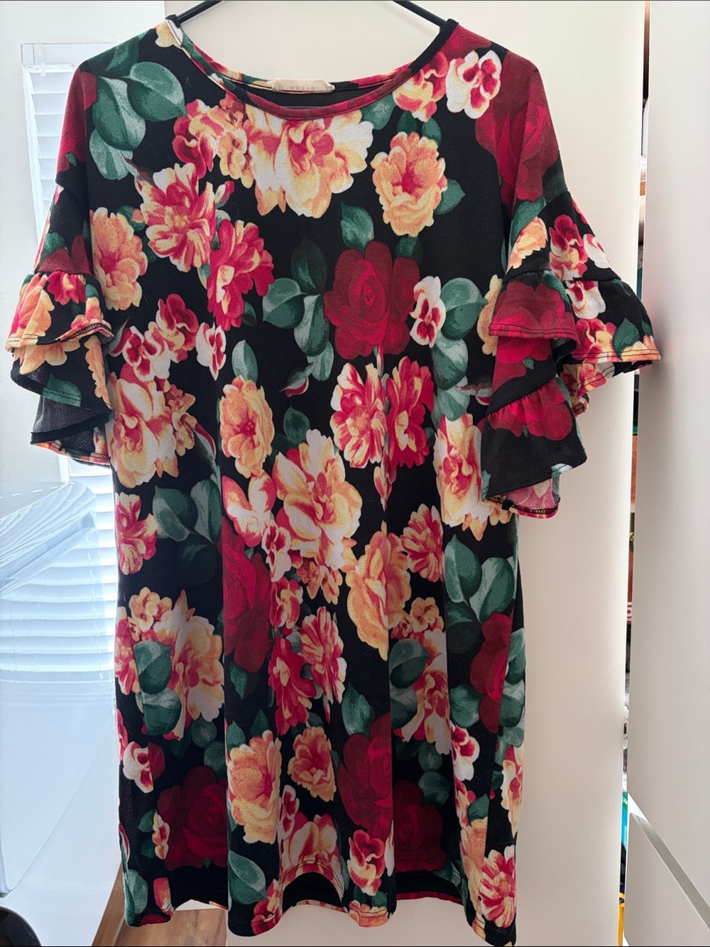 entro Black Floral Tunic with Red & Yellow Blooms